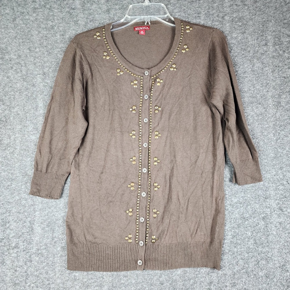 Merona Cardigan Sweater Womens Medium Brown Studded 3/4 Sleeve Button Front